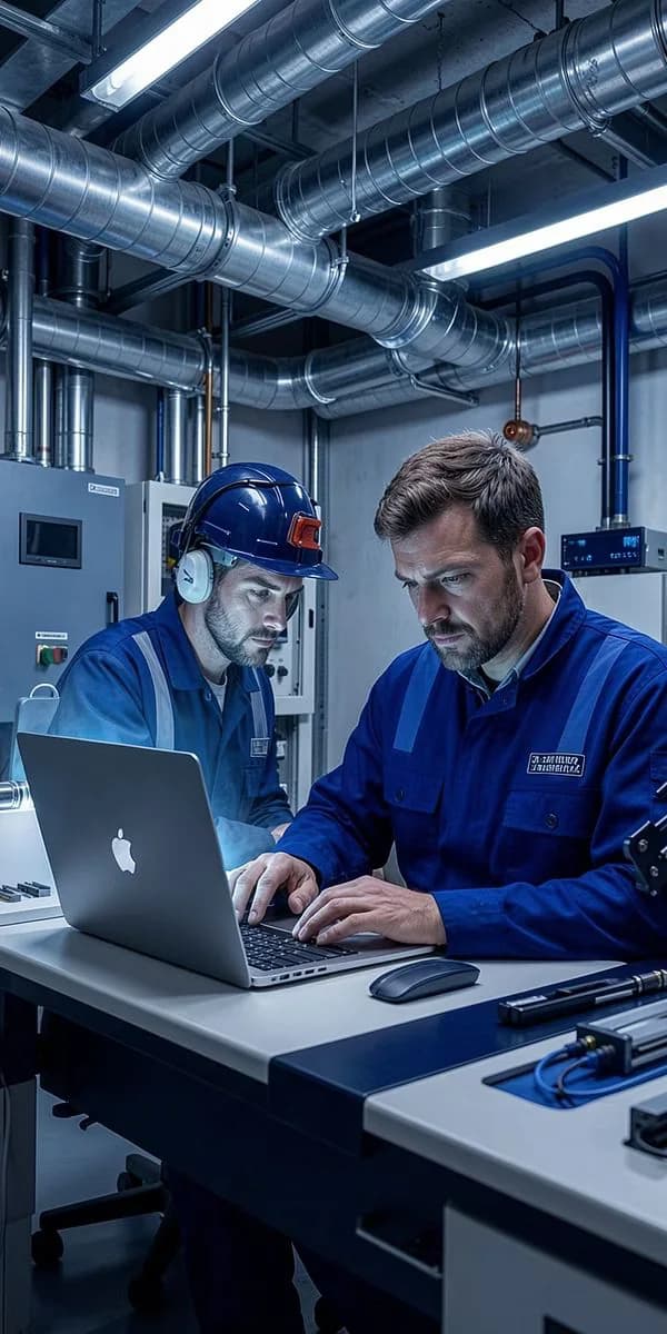 Engineers reviewing electrical systems on a laptop in a plant room